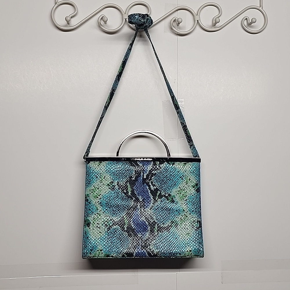 Charles Jourdan VINTAGE blue green gray reptile print silver hardware purse.boho